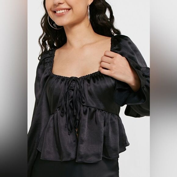 Top Shop Black Satiny Puffed Sleeve Blouse Size 10 - Picture 4 of 14